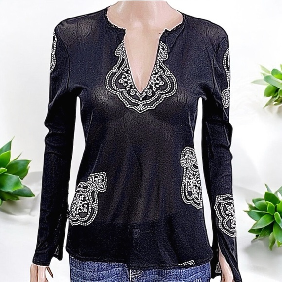 Kenneth Cole Black Mandala Print Long Sleeve Mesh Tunic - Picture 9 of 16